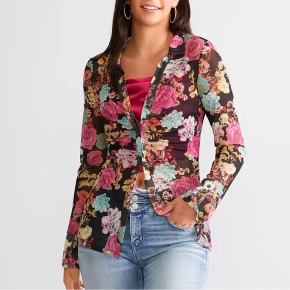 Vibrant Button Down Semi Sheer Floral Blouse - Black, Pink, Blue Sz S - Picture 5 of 6